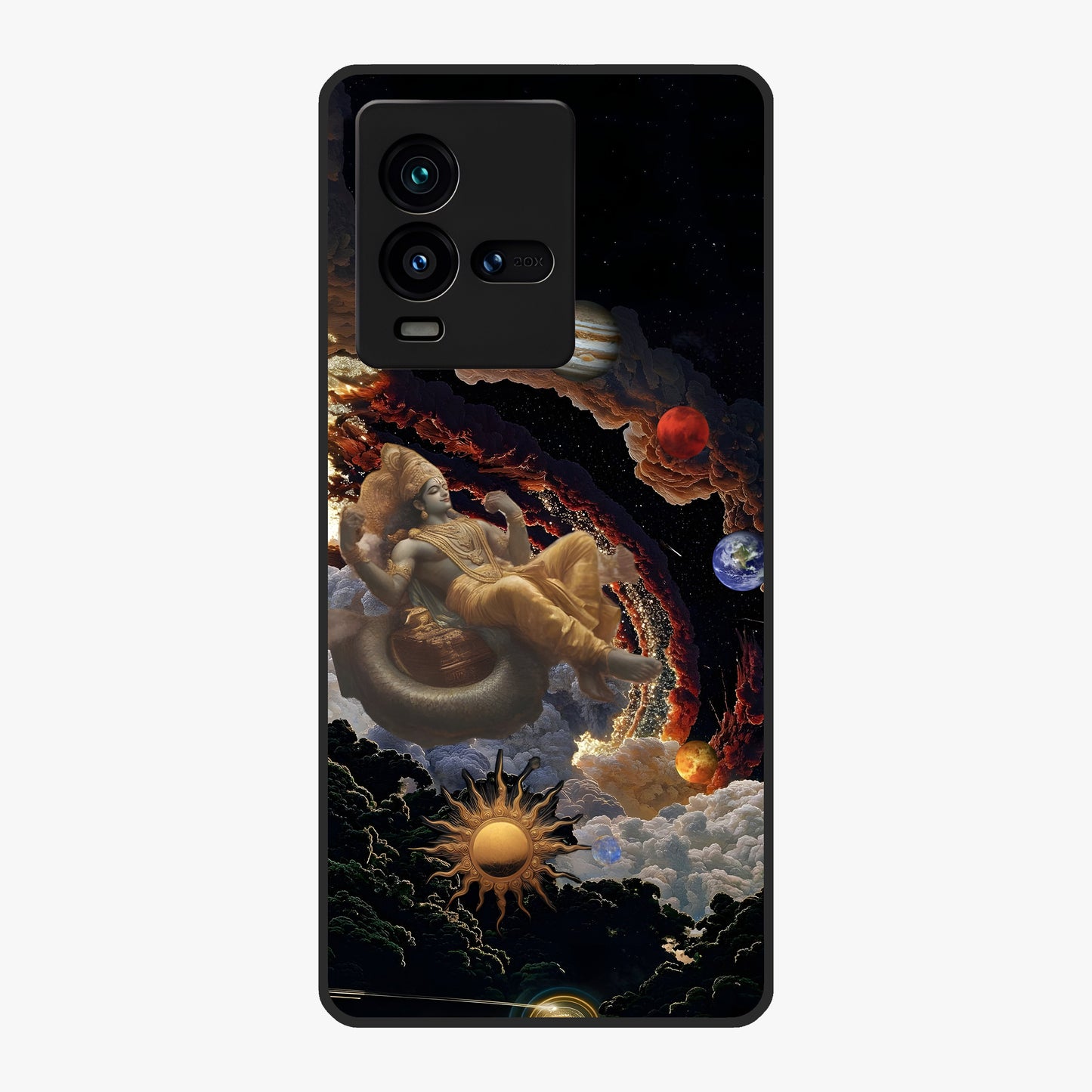 Galactic Divine God Glass Case showing flat back view with divine cosmic themed artwork and glossy glass finish.