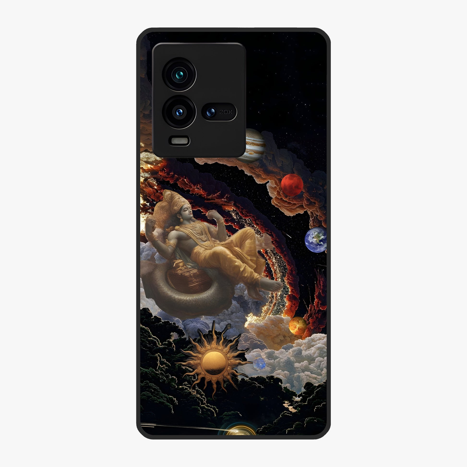 Galactic Divine God Glass Case showing flat back view with divine cosmic themed artwork and glossy glass finish.