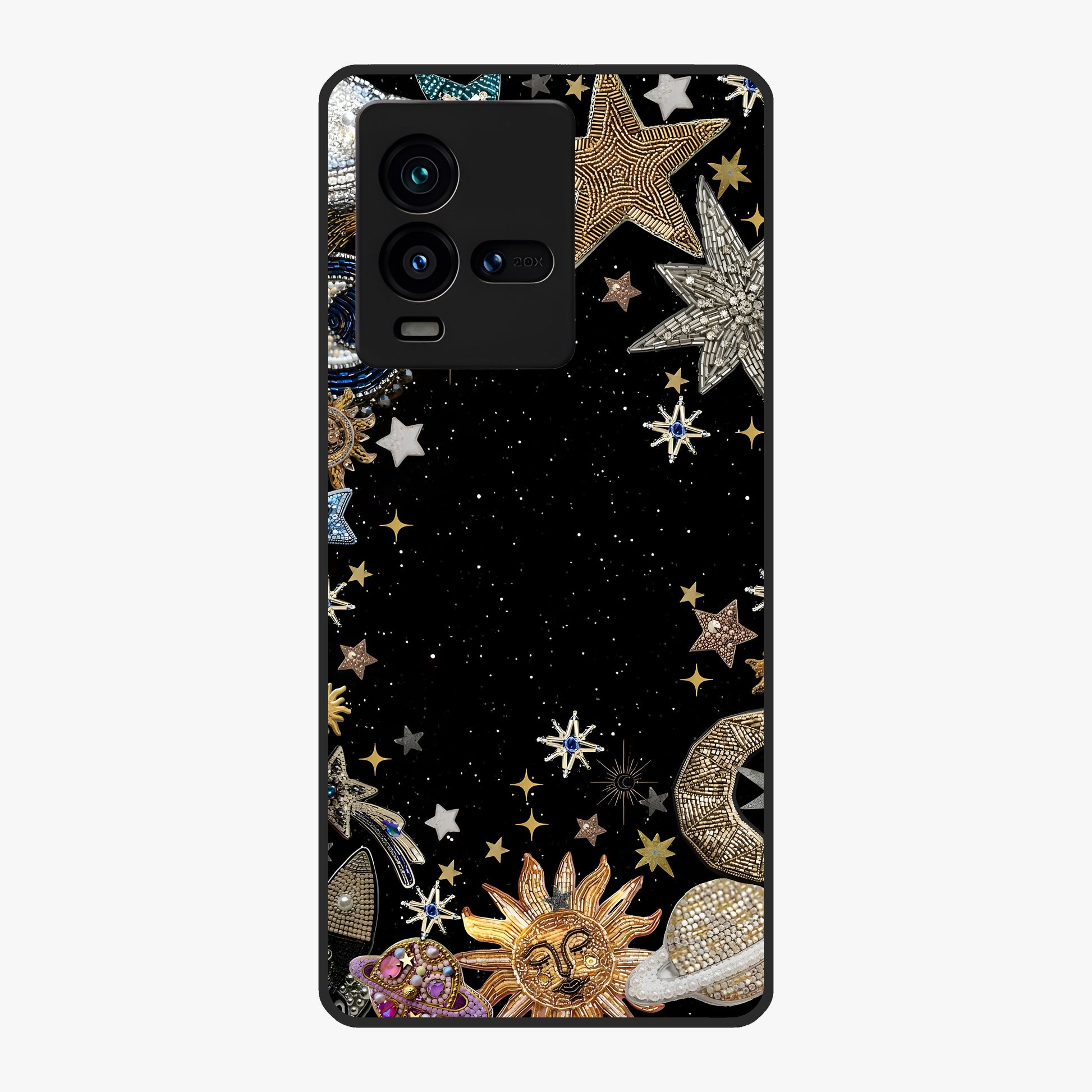 Galactic Jewel Stars Glass Case showing flat back view with sparkling star jewel artwork and glossy glass finish.