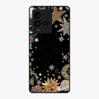 Galactic Jewel Stars Glass Case showing flat back view with sparkling star jewel artwork and glossy glass finish.