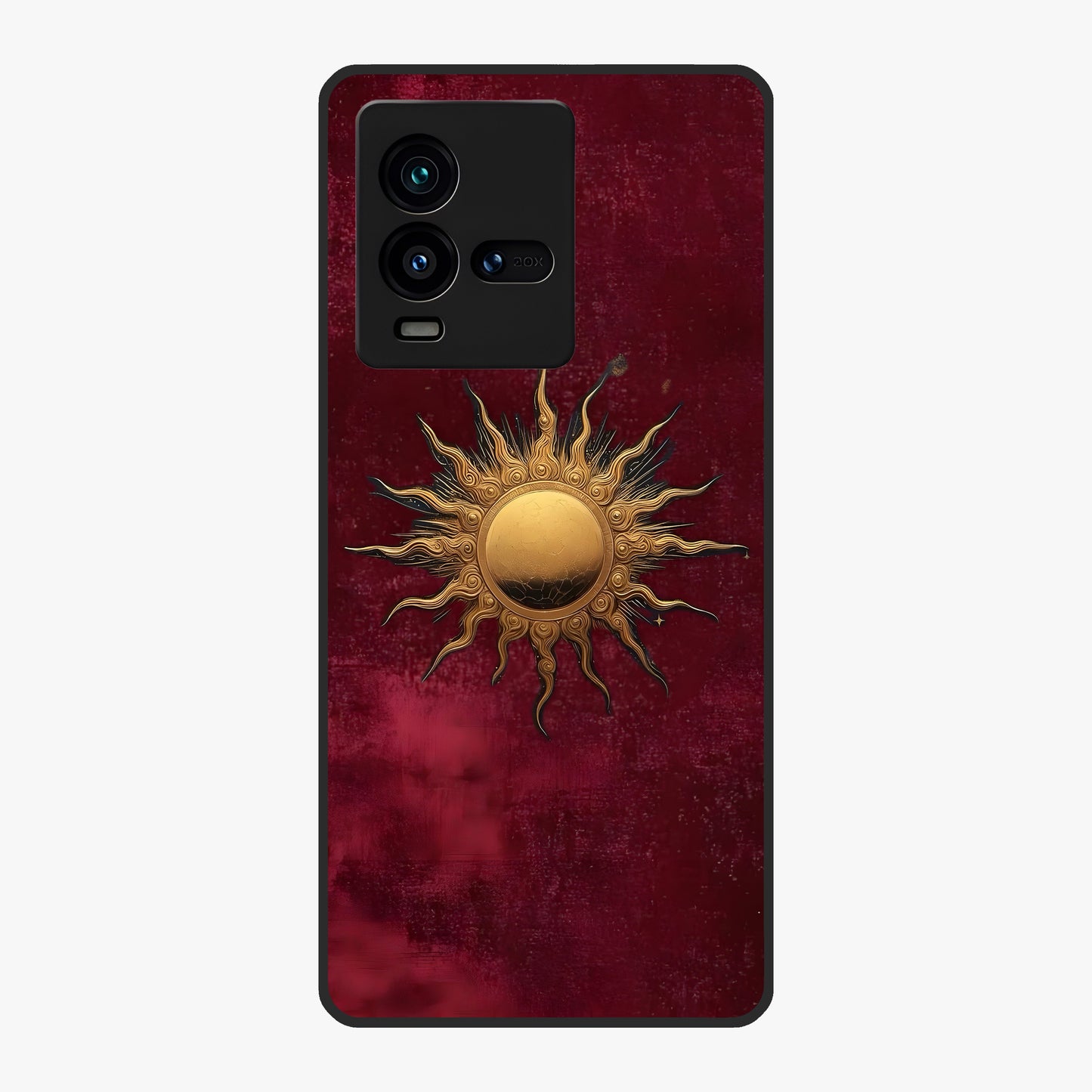 Gold Sun Blush Glass Case showing flat back view with golden sun inspired artwork and glossy glass finish.