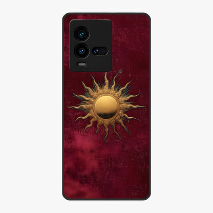 Gold Sun Blush Glass Case showing flat back view with golden sun inspired artwork and glossy glass finish.