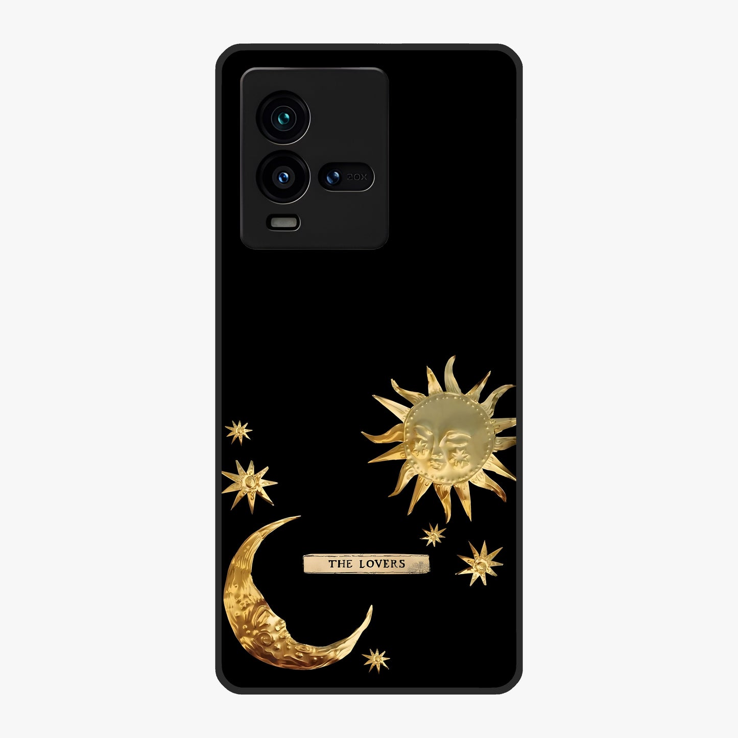 Golden Celestial Charm Glass Case showing flat back view with golden celestial charm artwork and glossy glass finish.