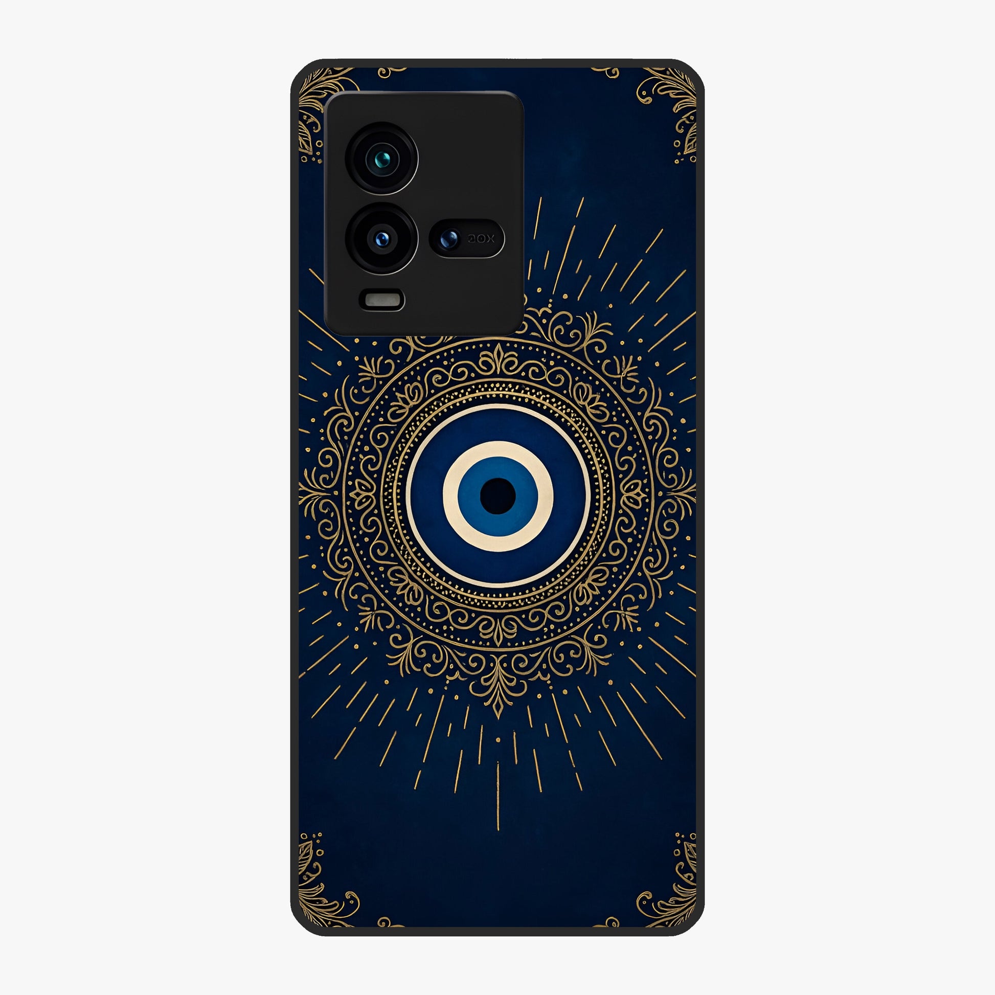 Golden Evil Eye Mandala Glass Case showing flat back view with intricate evil eye mandala artwork and glossy glass finish.