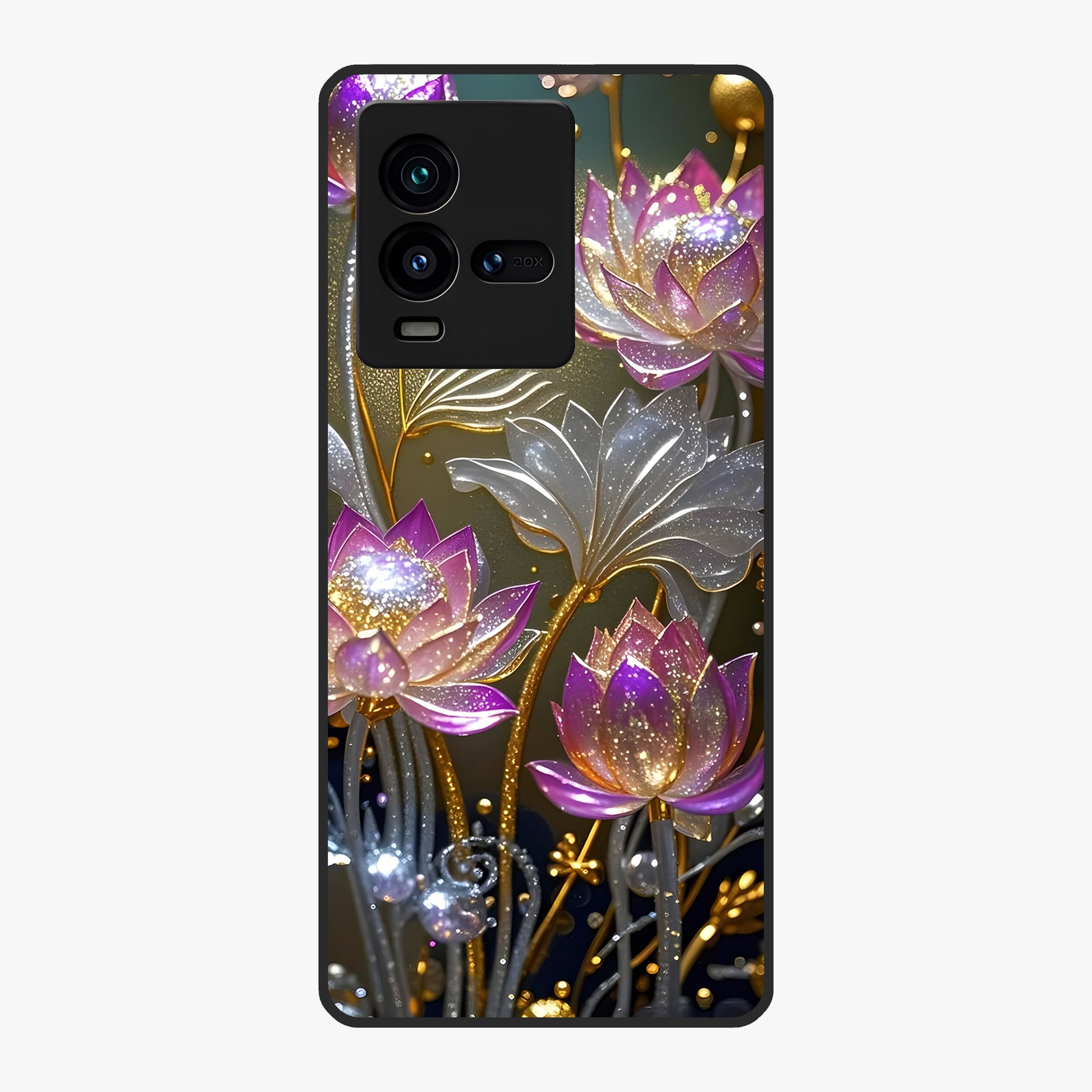Golden Lotus Glow Glass Case showing flat back view with glowing lotus flower artwork and glossy glass finish.