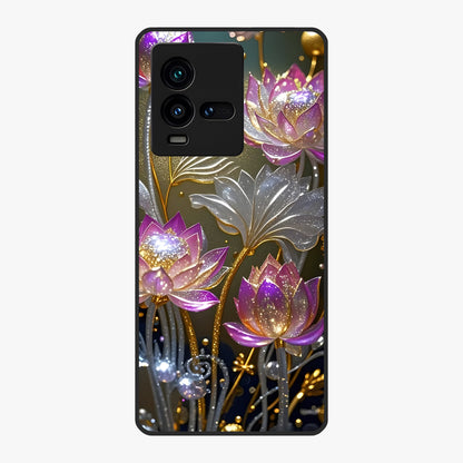Golden Lotus Glow Glass Case showing flat back view with glowing lotus flower artwork and glossy glass finish.