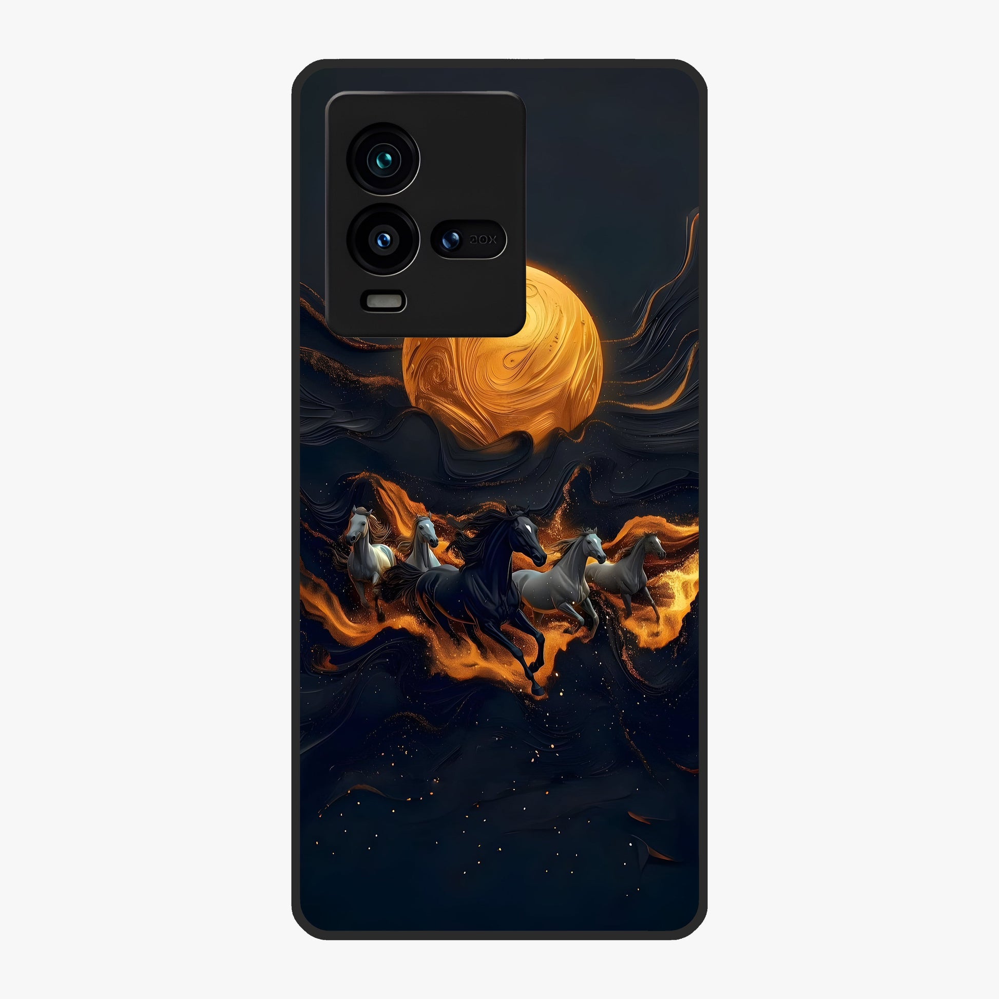 Golden Stallion Moonride Glass Case showing flat back view with majestic horse under moonlight artwork and glossy glass finish.