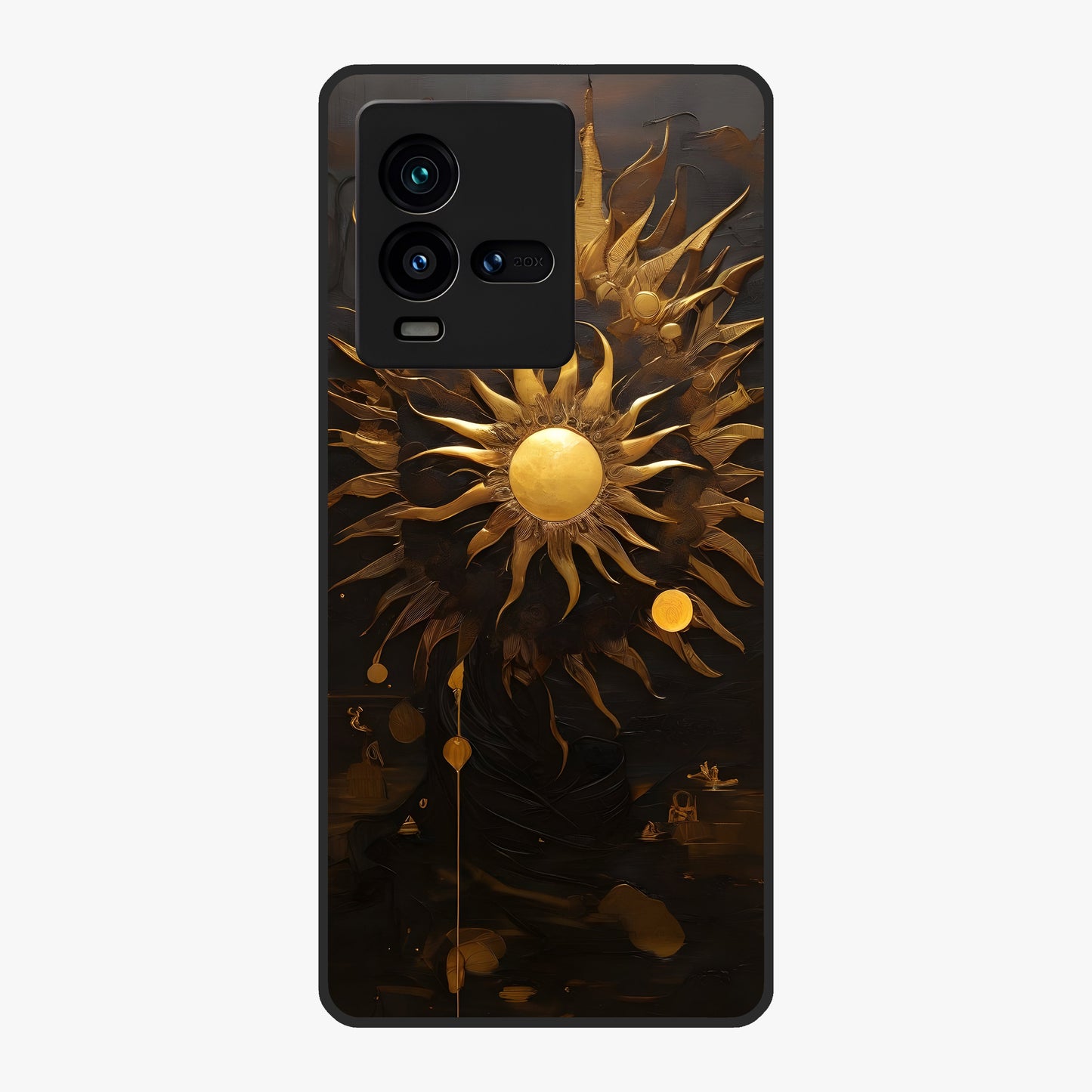 Golden Sun Majesty Glass Case showing flat back view with radiant golden sun artwork and glossy glass finish.