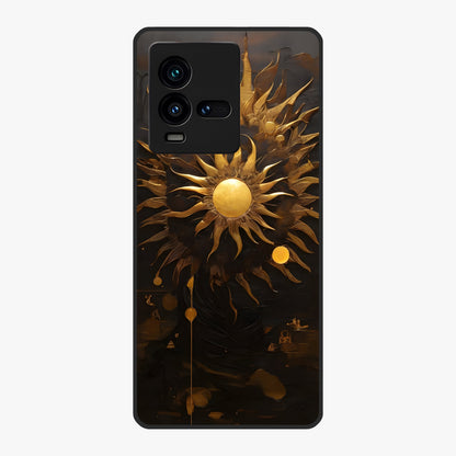 Golden Sun Majesty Glass Case showing flat back view with radiant golden sun artwork and glossy glass finish.