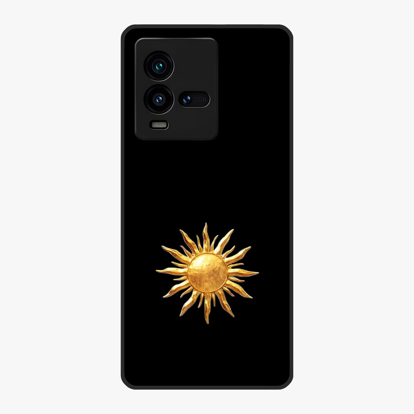 Golden Sun Minimalism Glass Case showing flat back view with minimal golden sun artwork and glossy glass finish.