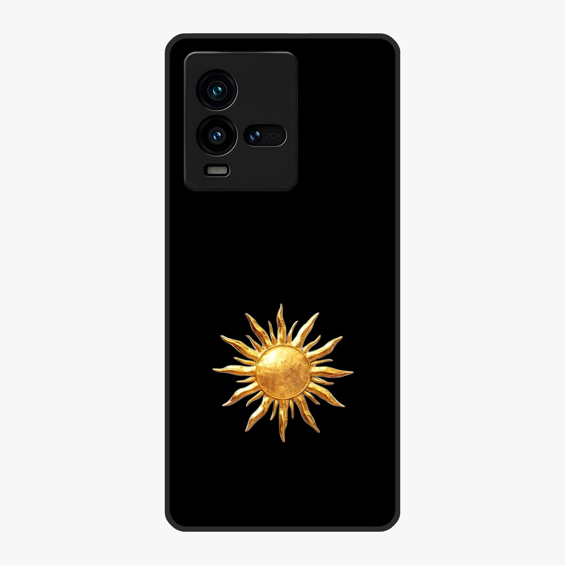 Golden Sun Minimalism Glass Case showing flat back view with minimal golden sun artwork and glossy glass finish.