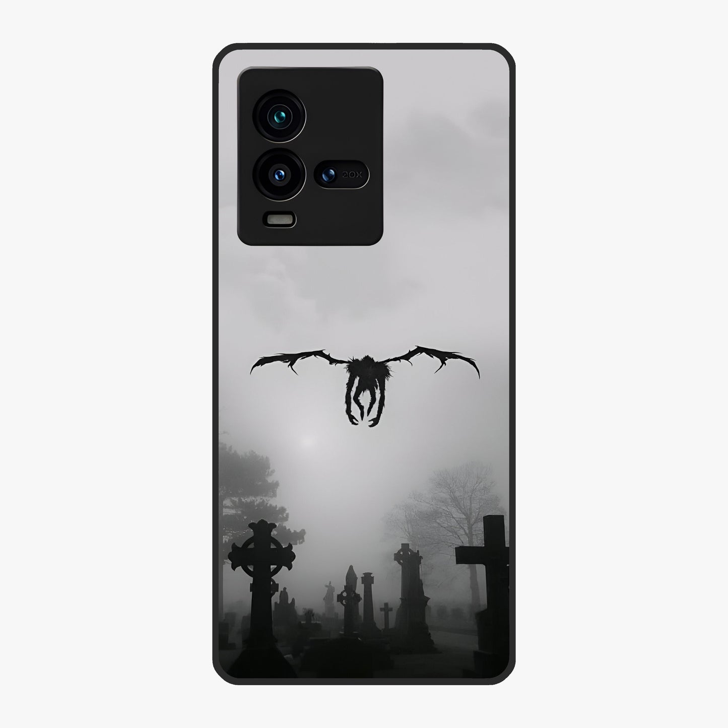 Graveyard Shadow Descent Glass Case showing flat back view with dark graveyard themed artwork and glossy glass finish.