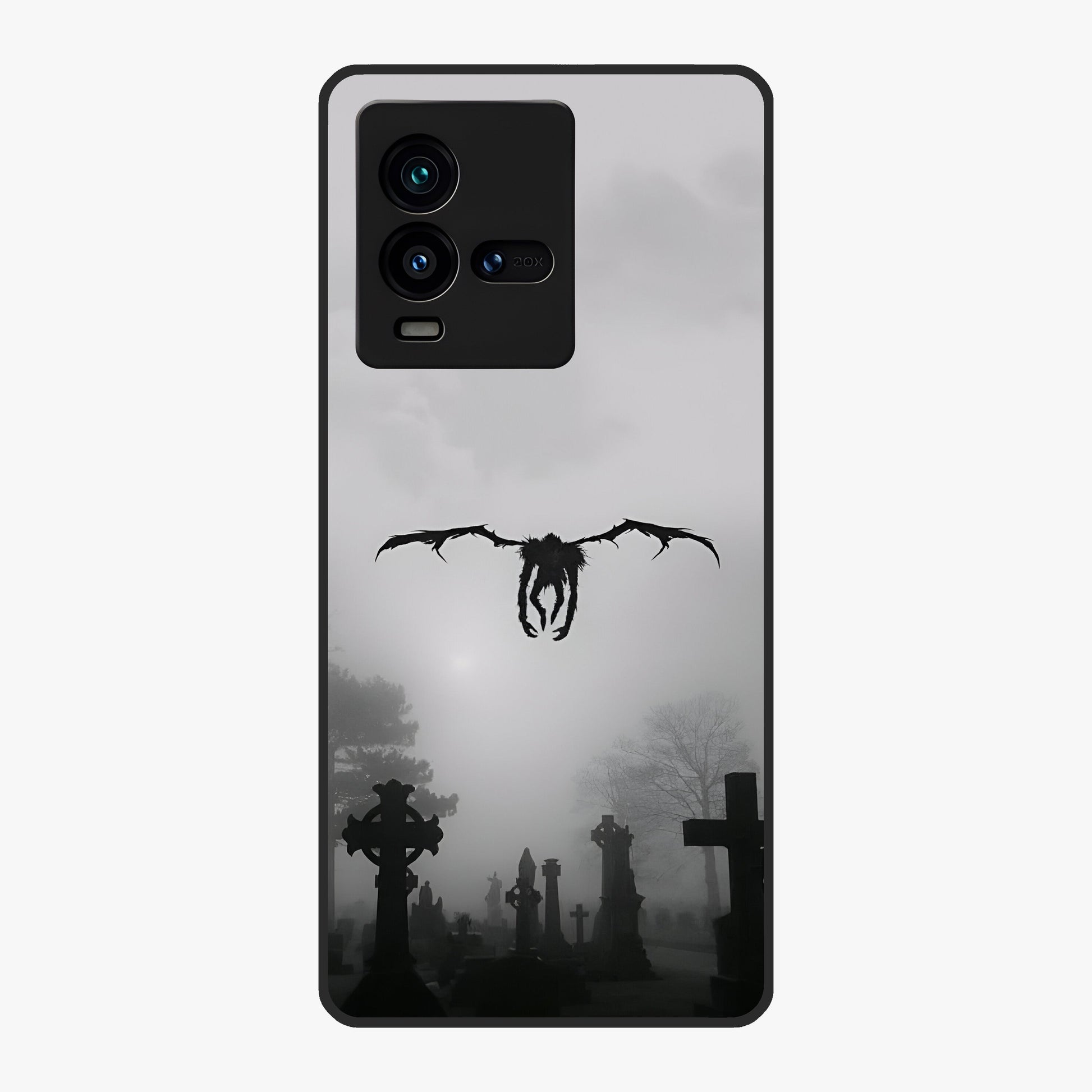 Graveyard Shadow Descent Glass Case showing flat back view with dark graveyard themed artwork and glossy glass finish.