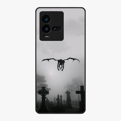 Graveyard Shadow Descent Glass Case showing flat back view with dark graveyard themed artwork and glossy glass finish.