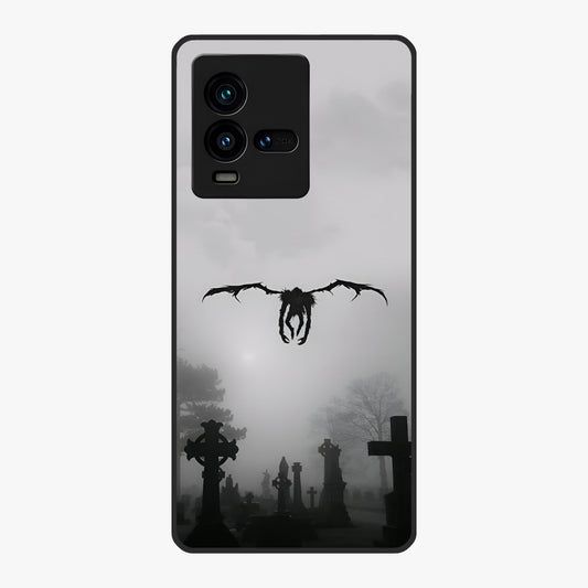 Graveyard Shadow Descent Glass Case showing flat back view with dark graveyard themed artwork and glossy glass finish.