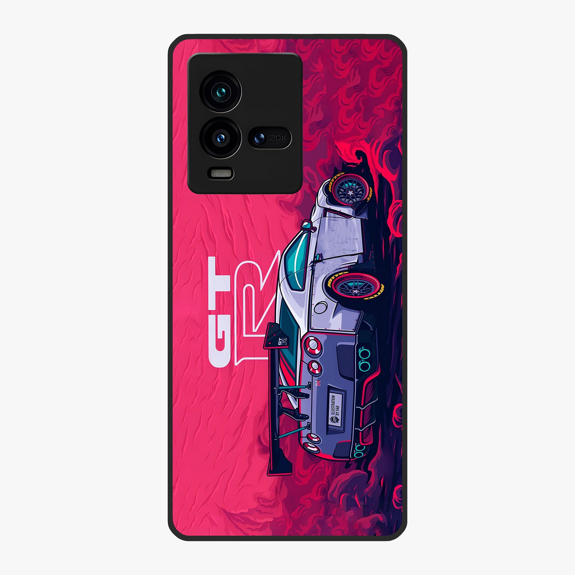 GT-R Car Pattern Glass Case showing flat back view with sporty car inspired pattern artwork and glossy glass finish.