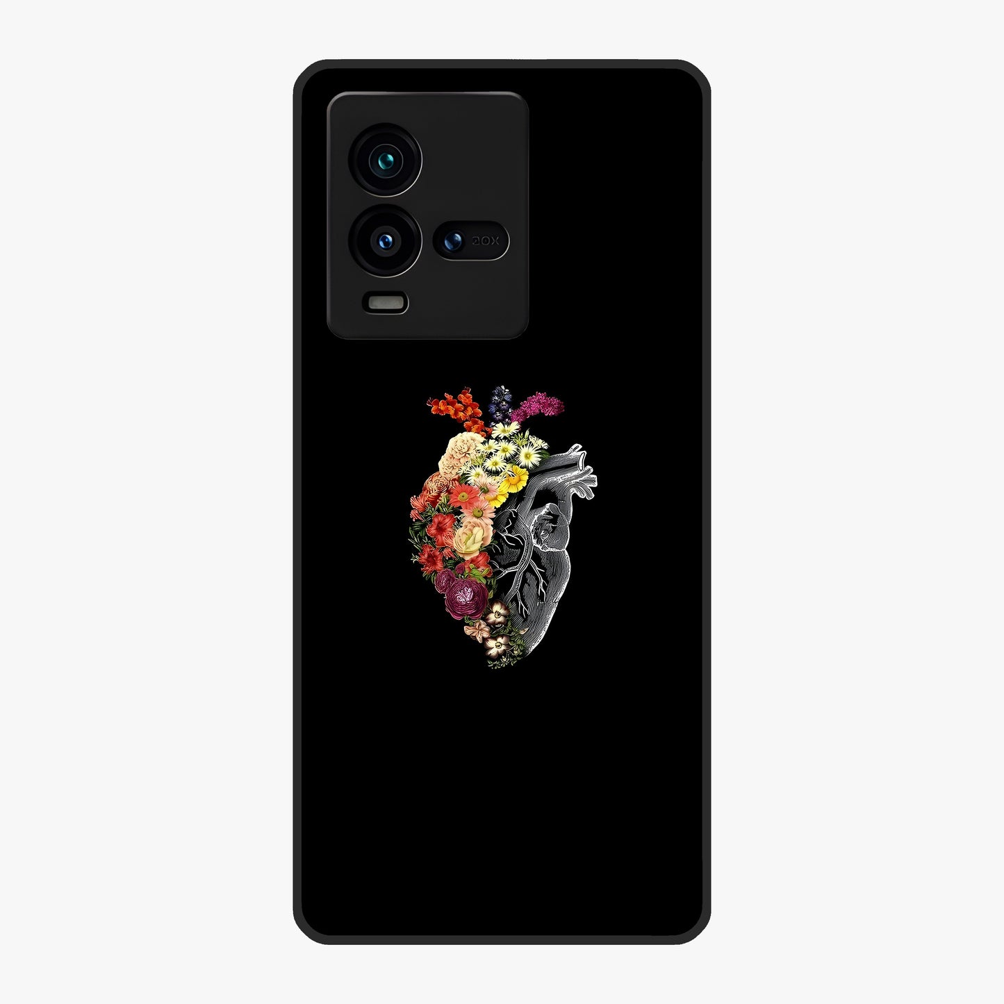Heart With Flowers Glass Case showing flat back view with heart shaped floral artwork and glossy glass finish.