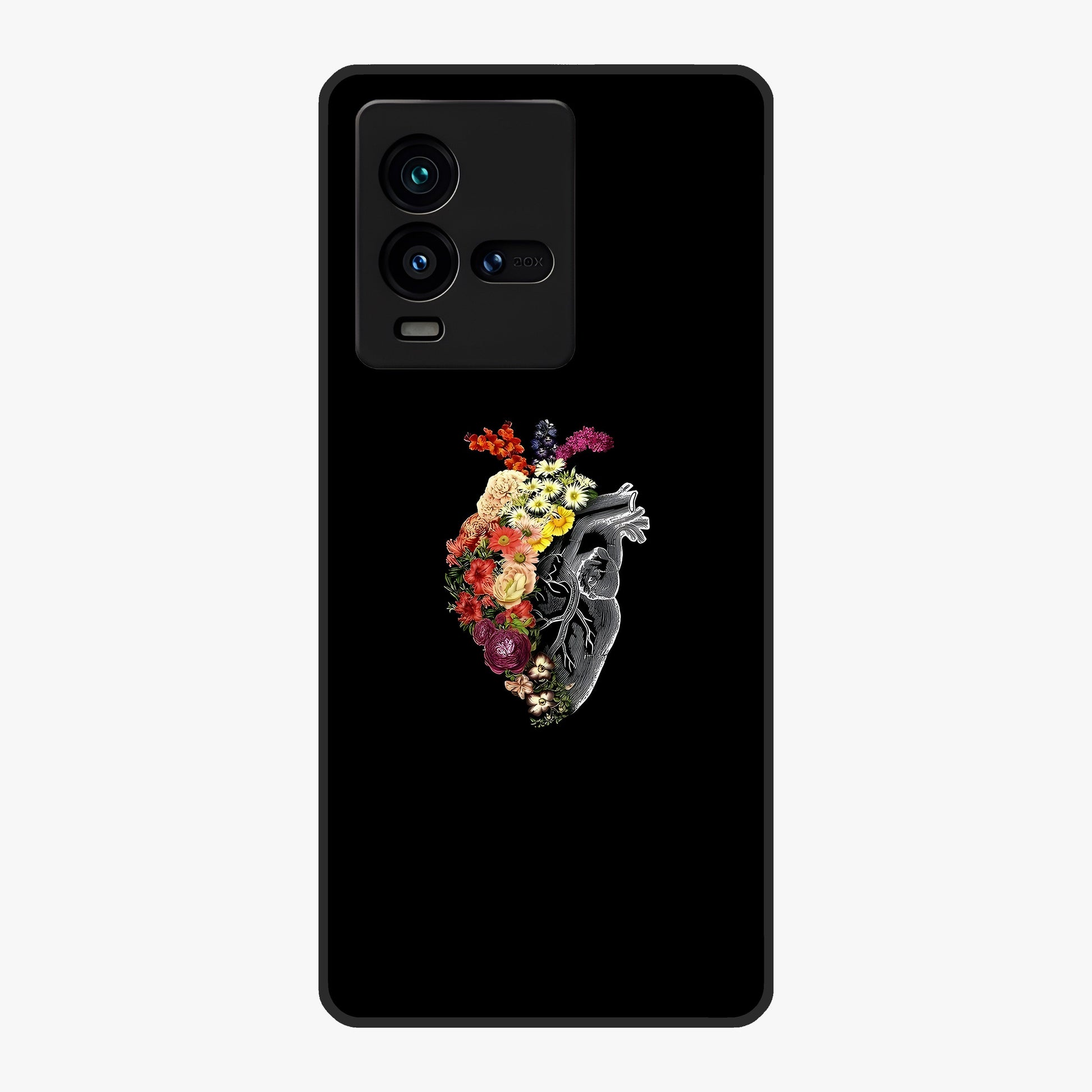 Heart With Flowers Glass Case showing flat back view with heart shaped floral artwork and glossy glass finish.