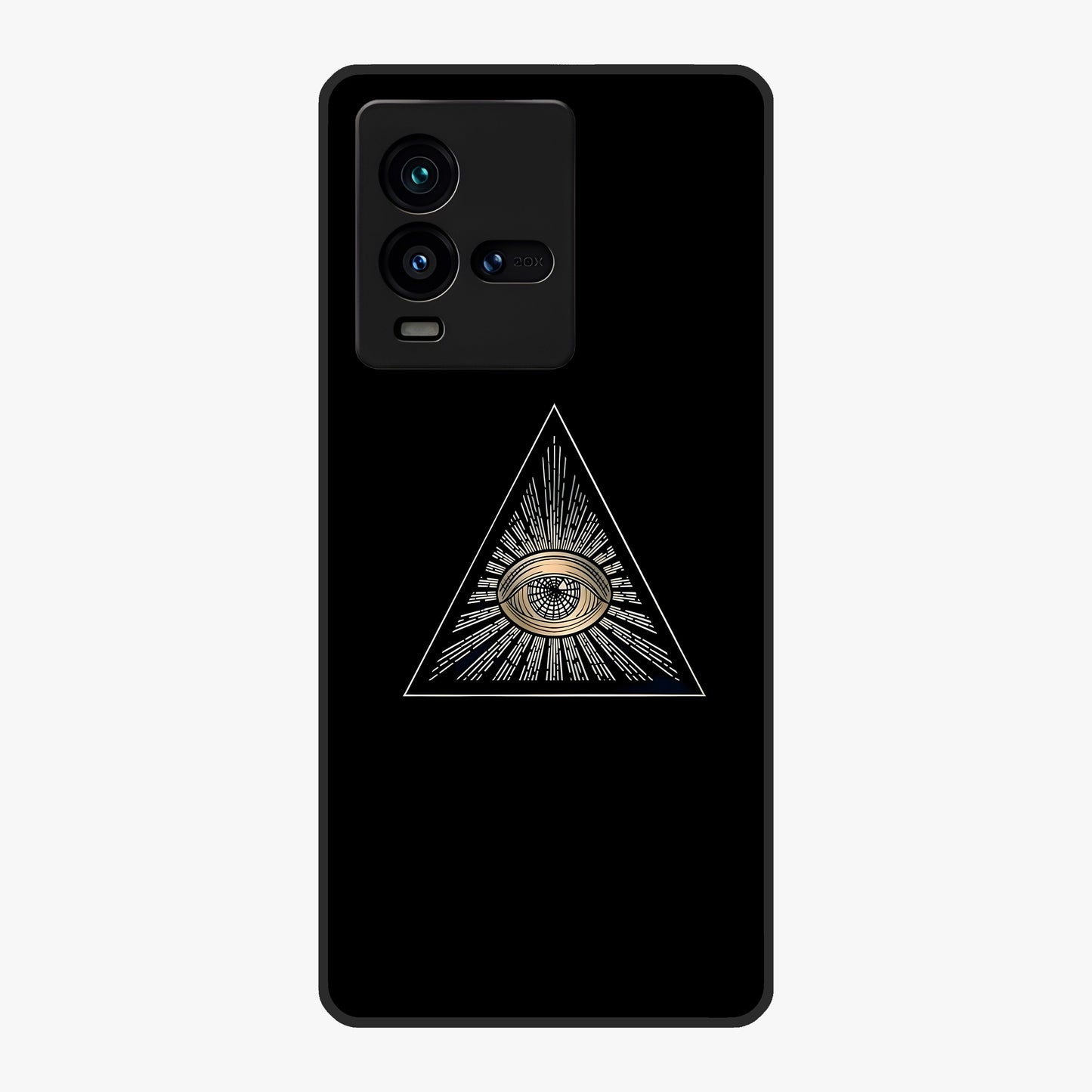 Illuminati Evil Glass Case showing flat back view with mysterious illuminati symbol artwork and glossy glass finish.