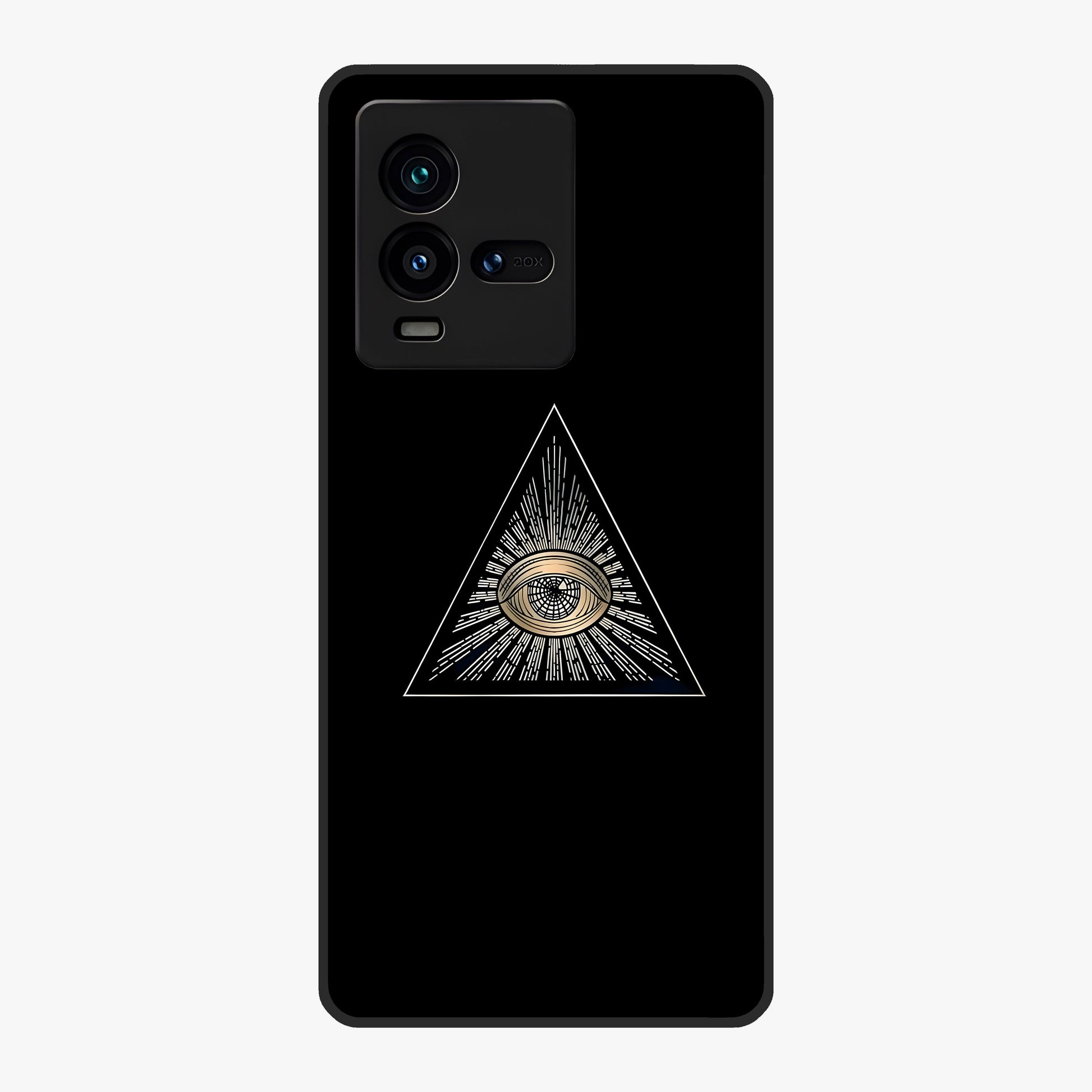 Illuminati Evil Glass Case showing flat back view with mysterious illuminati symbol artwork and glossy glass finish.