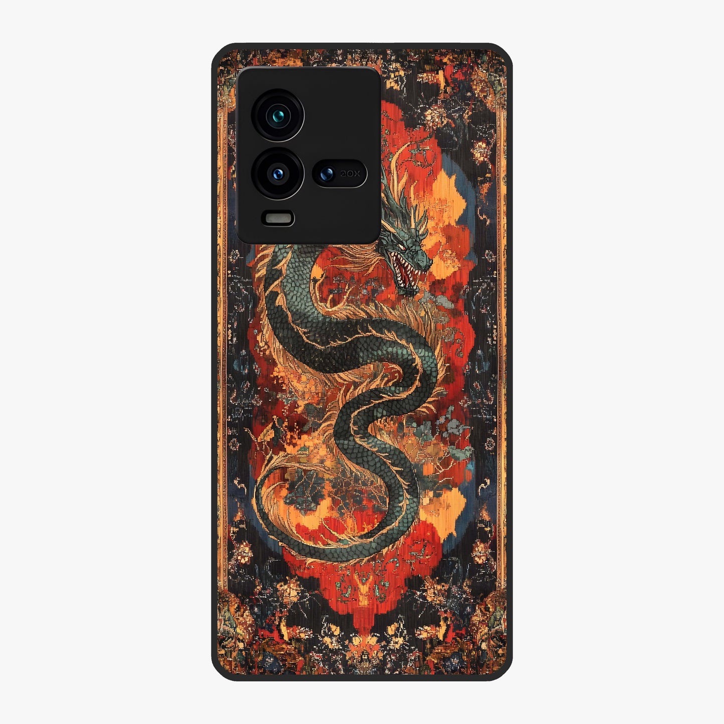 Inferno Dragon Soul Glass Case showing flat back view with fiery dragon artwork and glossy glass finish.
