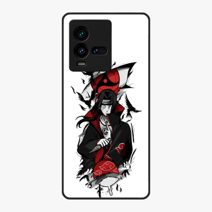 Itachi Sharingan Glass Case showing flat back view with powerful anime eye artwork and glossy glass finish.