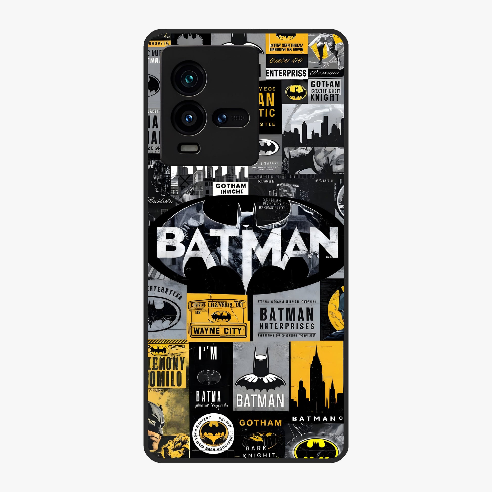 Knight Gotham Rise Glass Case showing flat back view with dark hero inspired artwork and glossy glass finish.
