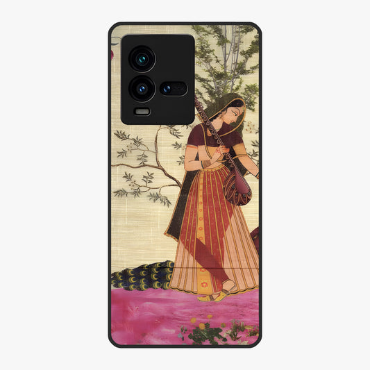 Lady With Veena Art Glass Case showing flat back view with elegant woman playing veena artwork and glossy glass finish.