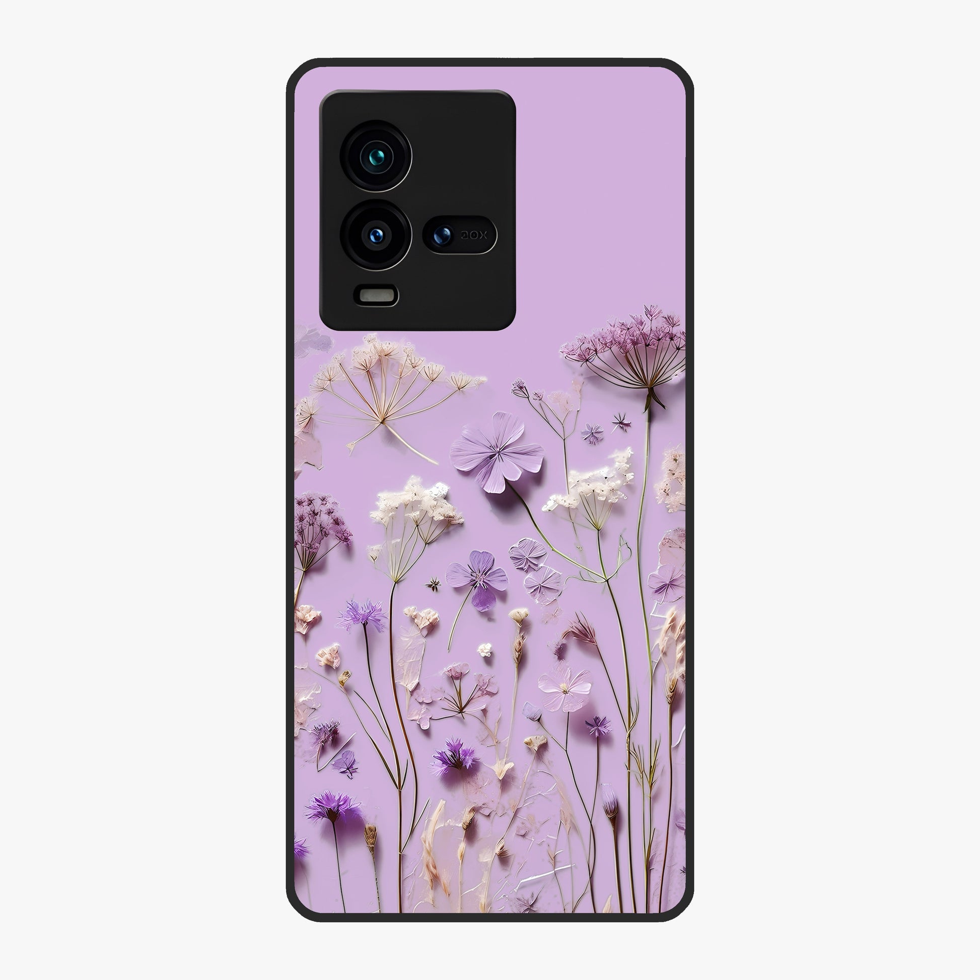 Lavender Blossom Dream Glass Case showing flat back view with soft lavender floral artwork and glossy glass finish.