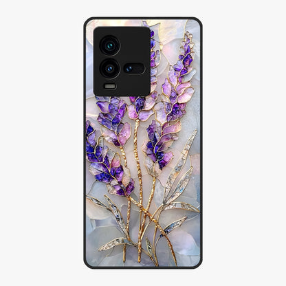 Lavender Dream Glow Glass Case showing flat back view with glowing lavender aesthetic artwork and glossy glass finish.