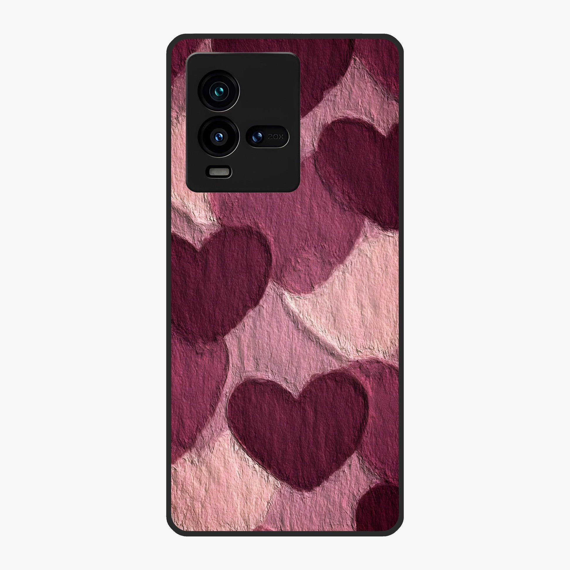 Layered Paper Hearts Glass Case showing flat back view with layered paper heart artwork and glossy glass finish.