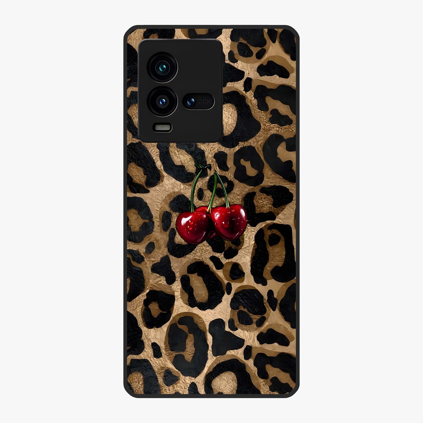 Leopard Wild Cherry Glass Case showing flat back view with leopard pattern and cherry artwork and glossy glass finish.