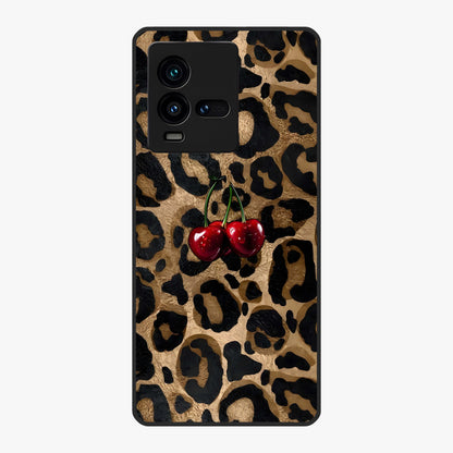 Leopard Wild Cherry Glass Case showing flat back view with leopard pattern and cherry artwork and glossy glass finish.