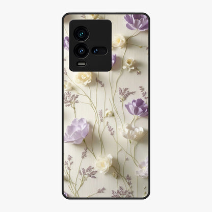 Lilac Breeze Harmony Glass Case showing flat back view with soft lilac themed artwork and glossy glass finish.