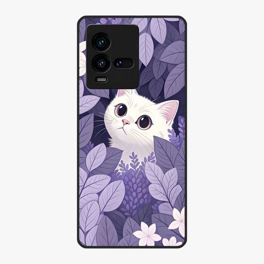Lilac Hide Peek Cat Glass Case showing flat back view with cute peeking cat artwork and glossy glass finish.