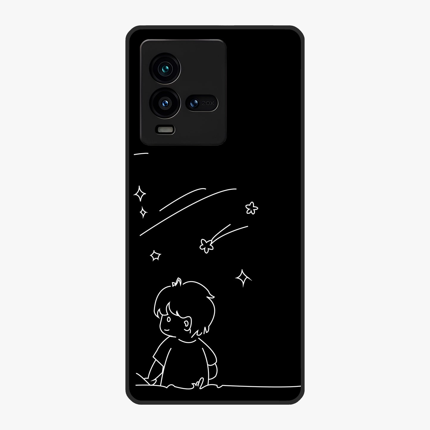Line Art Boy With Shooting Stars Glass Case showing flat back view with minimal line art boy and shooting stars illustration and glossy glass finish.