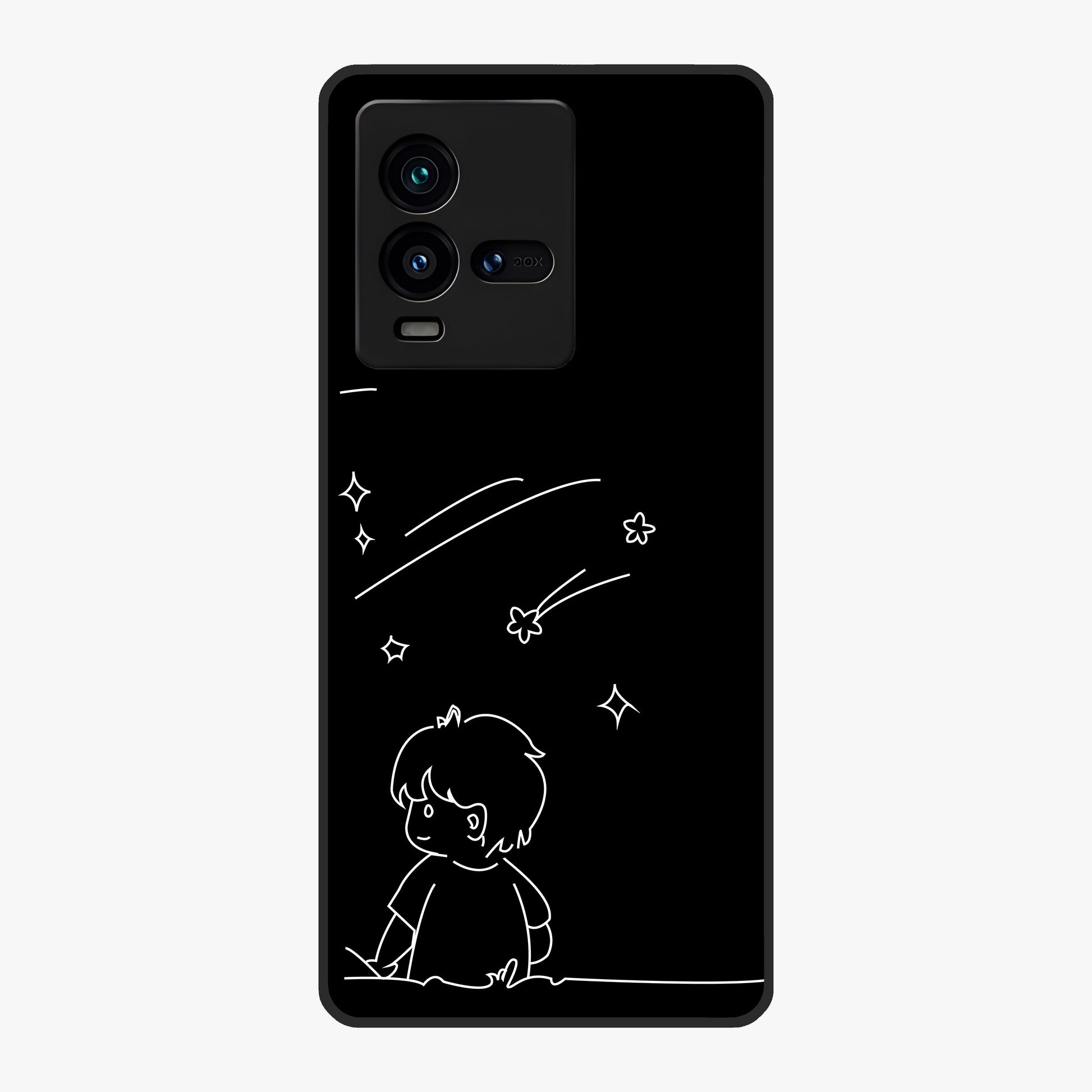 Line Art Boy With Shooting Stars Glass Case showing flat back view with minimal line art boy and shooting stars illustration and glossy glass finish.