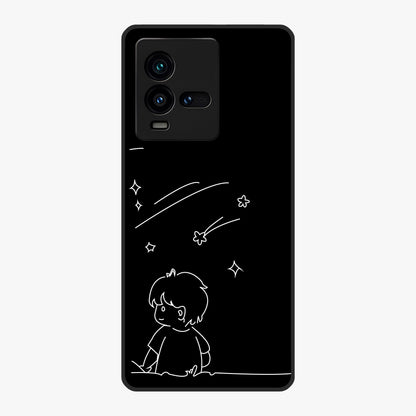 Line Art Boy With Shooting Stars Glass Case showing flat back view with minimal line art boy and shooting stars illustration and glossy glass finish.