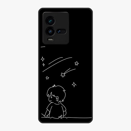 Line Art Boy With Shooting Stars Glass Case showing flat back view with minimal line art boy and shooting stars illustration and glossy glass finish.
