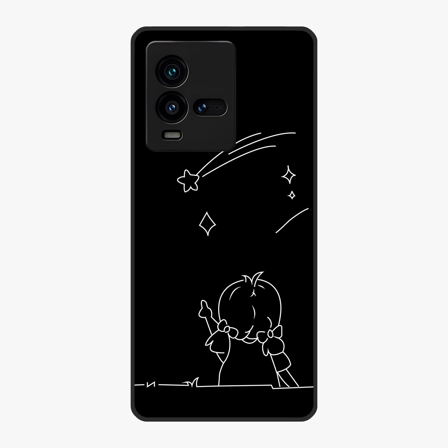Line Art Girl With Shooting Stars Glass Case showing flat back view with minimal line art girl and shooting stars illustration and glossy glass finish.