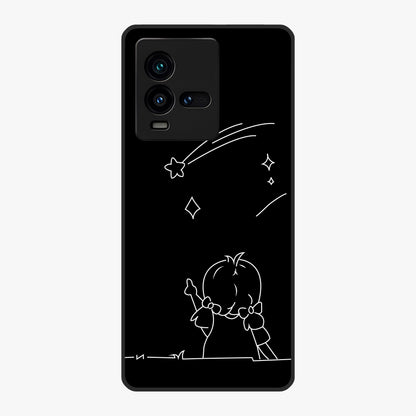 Line Art Girl With Shooting Stars Glass Case showing flat back view with minimal line art girl and shooting stars illustration and glossy glass finish.