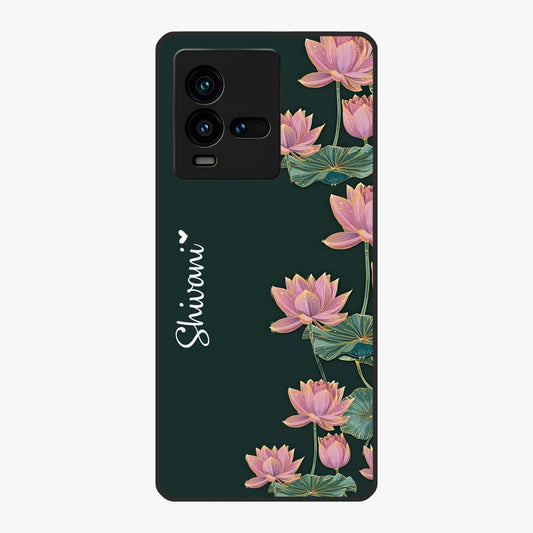 Lotus Bloom Serenity Custom Name Glass Case showing flat back view with elegant lotus flower artwork and personalized name design.