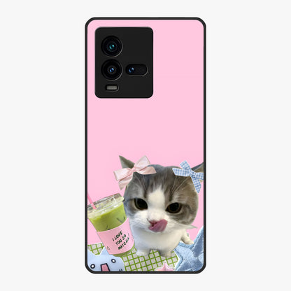 Love Matcha Cat Glass Case showing flat back view with cute cat and matcha themed artwork and glossy glass finish.