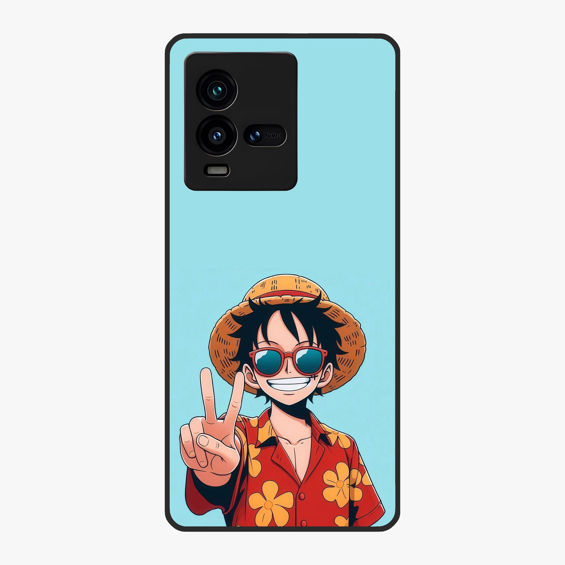 Luffy Summer Anime Vibe Glass Case showing flat back view with vibrant anime character artwork and glossy glass finish.