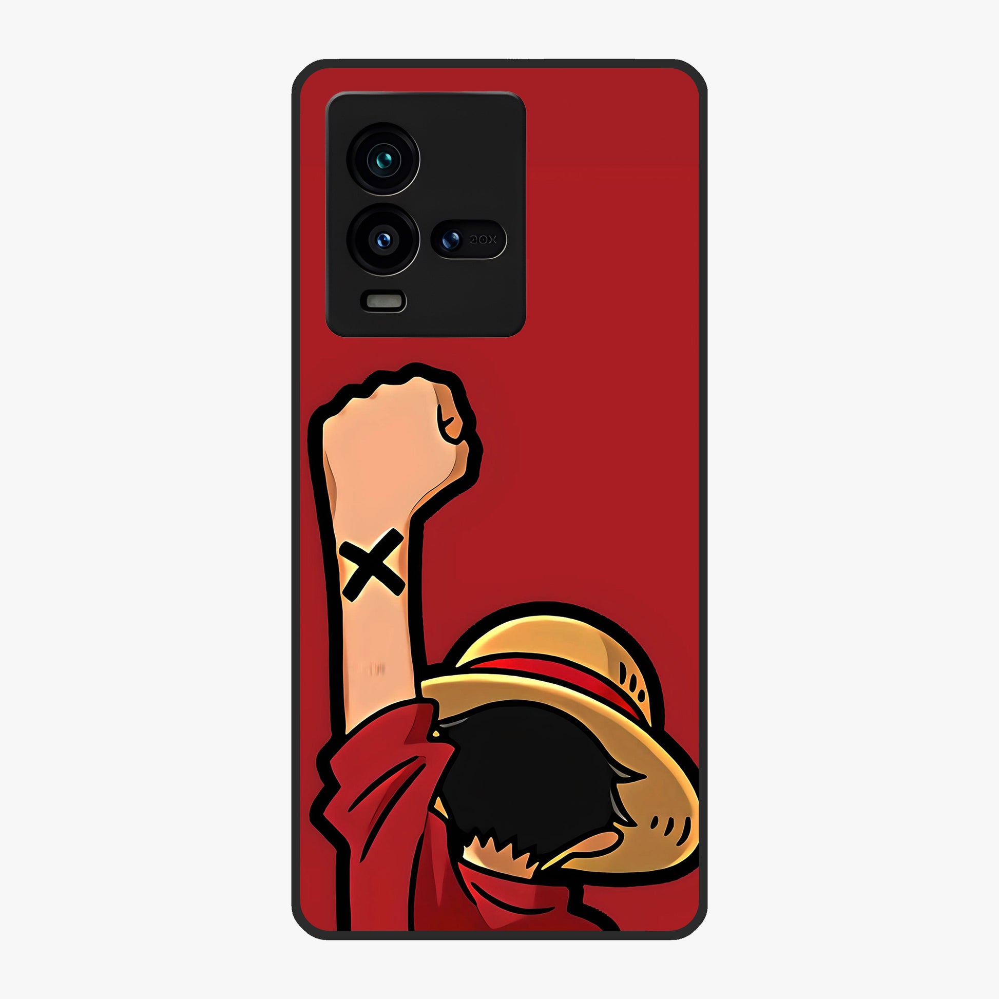 Luffy X Spirit Glass Case showing flat back view with bold anime character artwork and glossy glass finish.