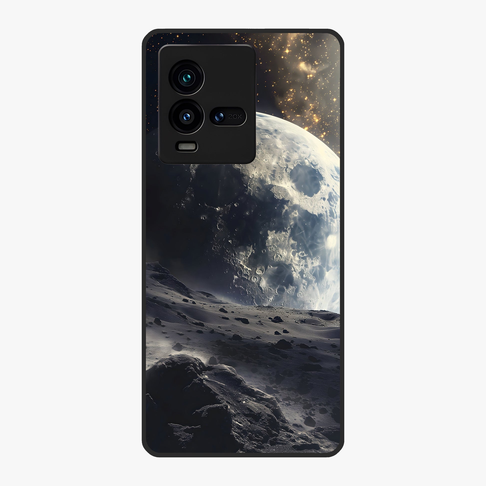 Lunar Horizon Glow Glass Case showing flat back view with glowing moon horizon artwork and glossy glass finish.