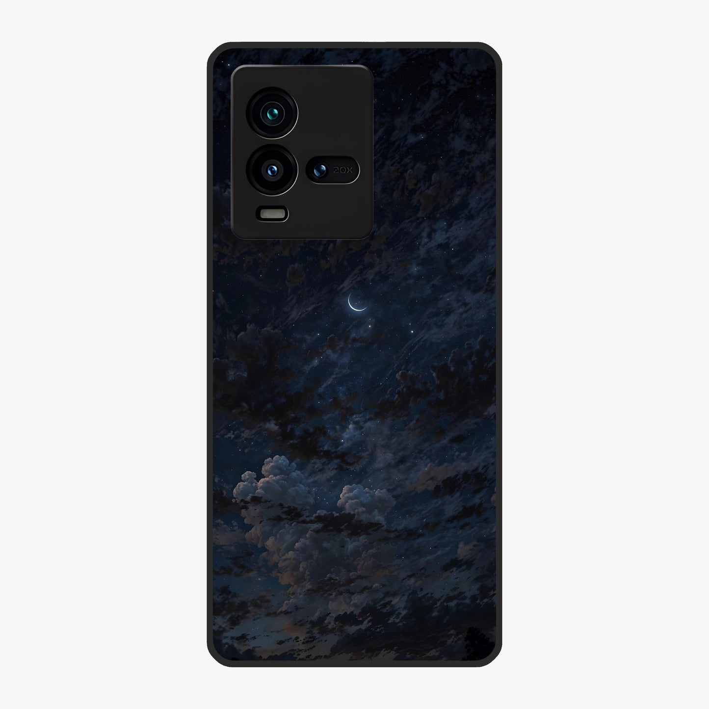 Lunar Veil Silence Glass Case showing flat back view with mystical moon veil artwork and glossy glass finish.
