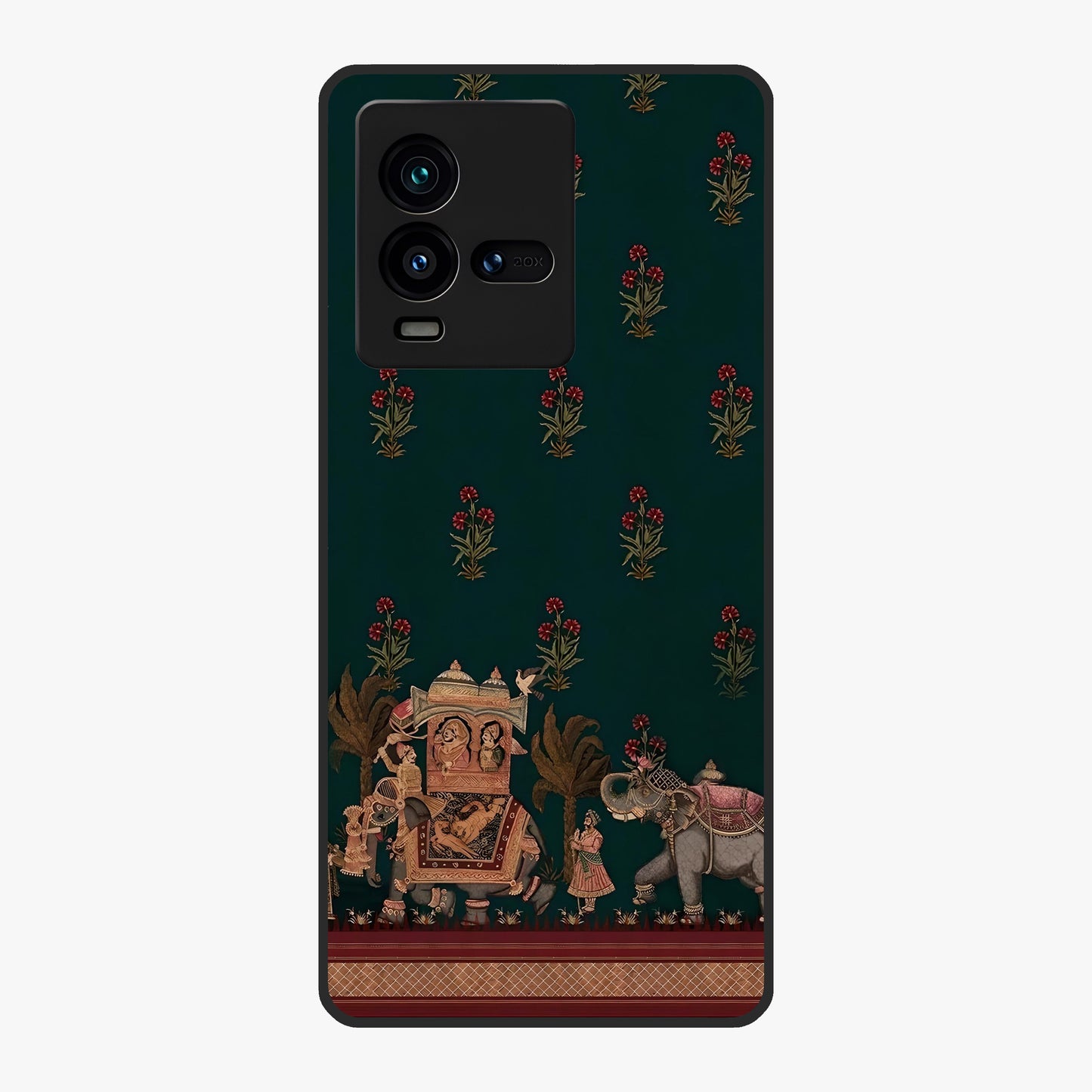 Macmerise Glass Case showing flat back view with stylish modern artwork and glossy glass finish.