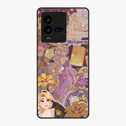 Magical Tangled Dream Glass Case showing flat back view with dreamy tangled artwork and glossy glass finish.