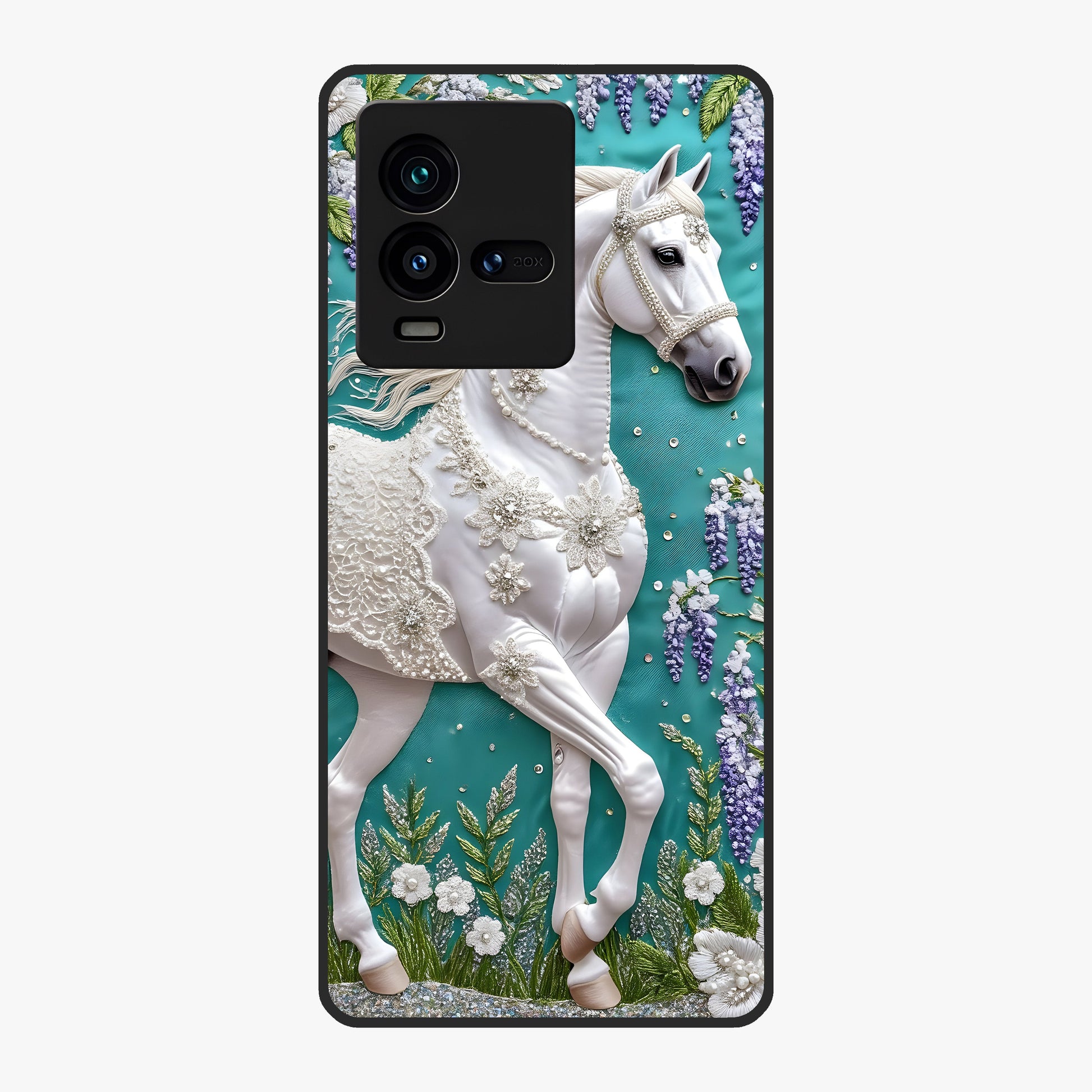Majestic Floral Stallion Glass Case showing flat back view with powerful horse and floral artwork and glossy glass finish.